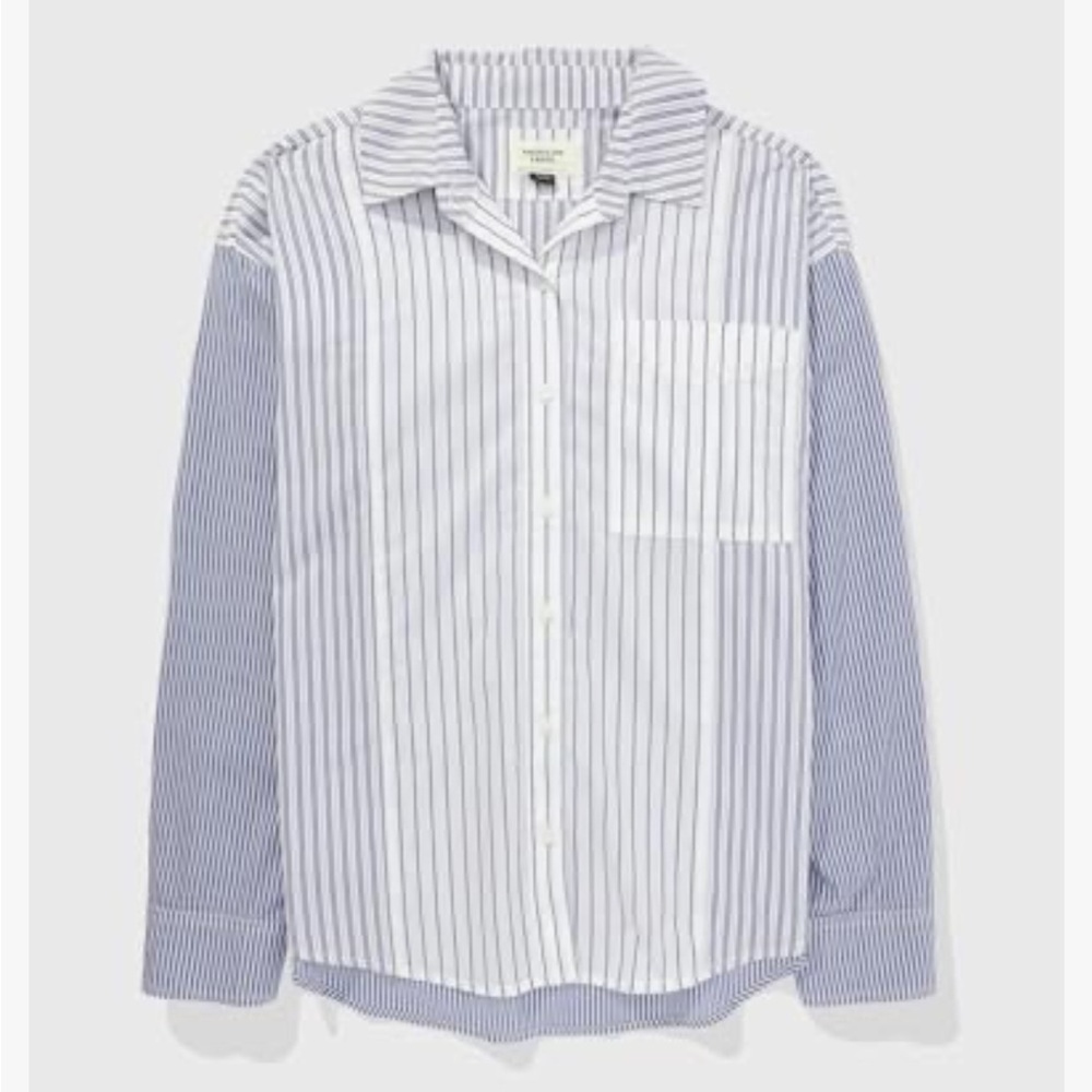 American Eagle Womens Core Perfect Button Down Shirt in Blue White Stripe Mix - Picture 3 of 8